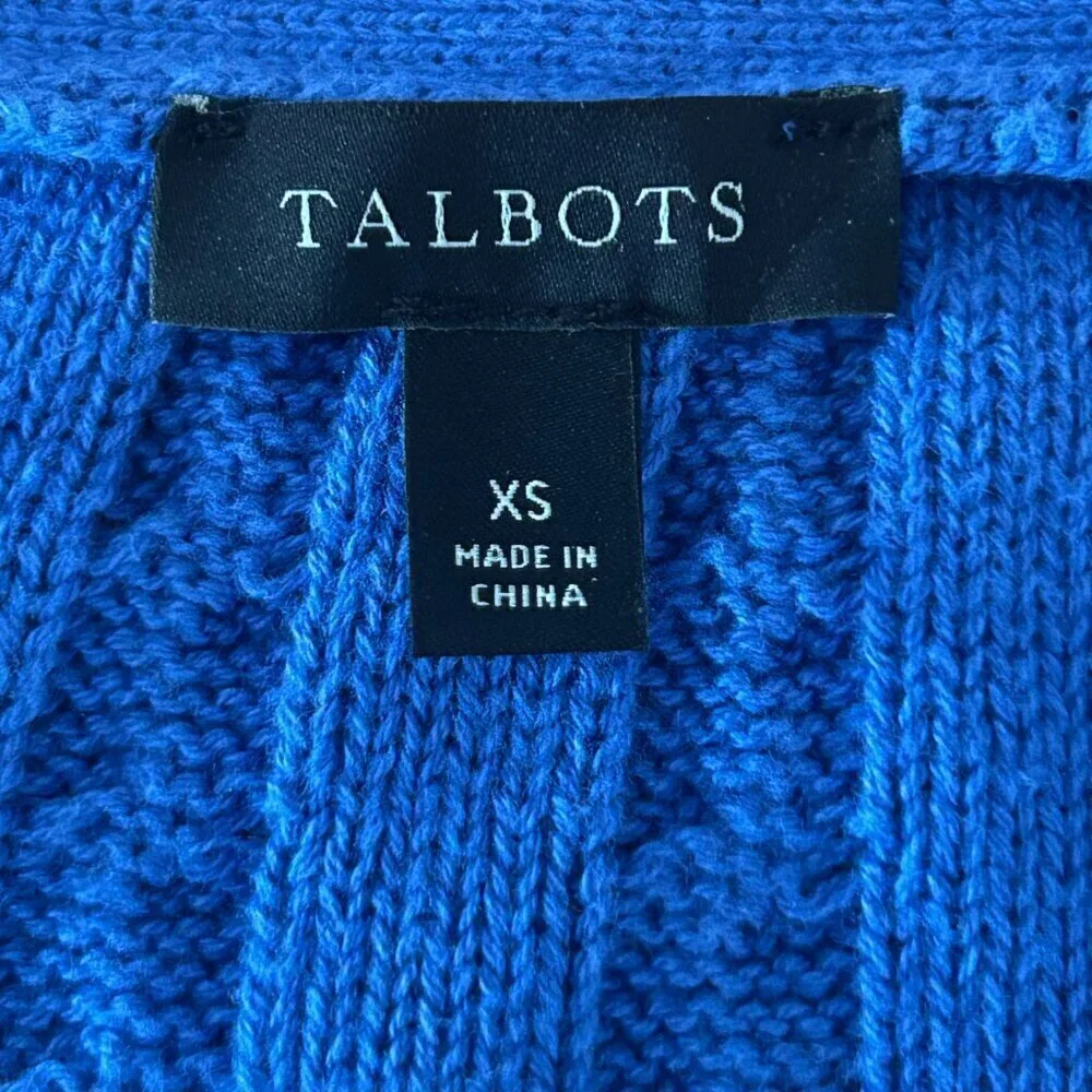 Talbots Blue Cable Knit Floral Embroidered Button Front Cardigan Size XS Relaxed